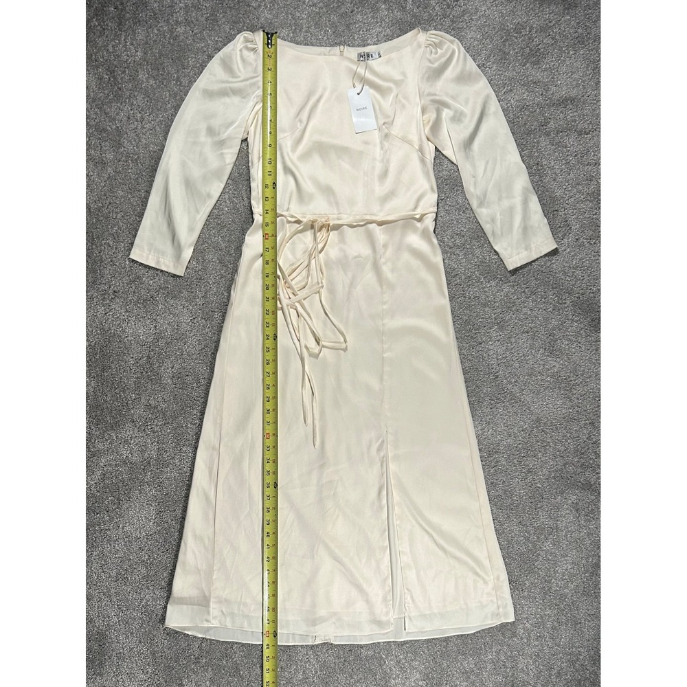 NOIRE Women Cream Satin Long Sleeve Midi Dress with Front Slit and Waist Tie S - Picture 4 of 13